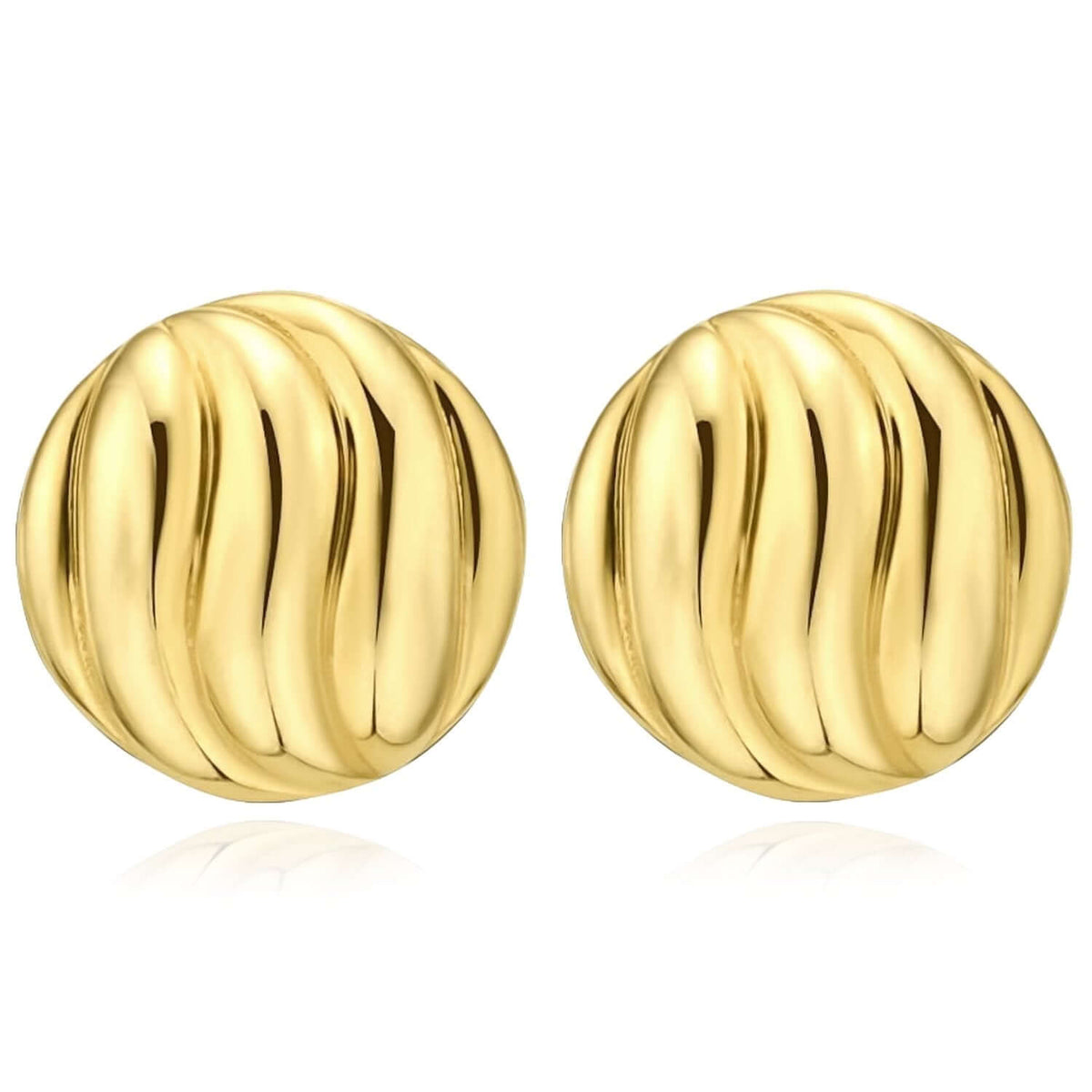 Real 14K Gold Ribbed Swirl Button Dome Stud Push Back Earrings 12.7mm - WJD Exclusives