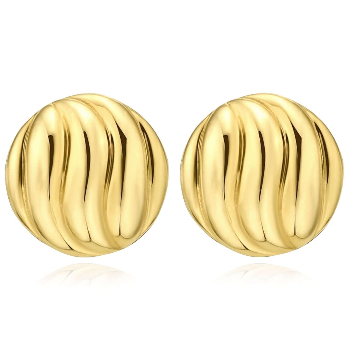 Real 14K Gold Ribbed Swirl Button Dome Stud Push Back Earrings 12.7mm