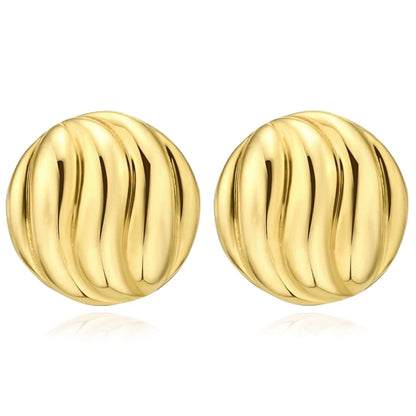 Real 14K Gold Ribbed Swirl Button Dome Stud Push Back Earrings 12.7mm
