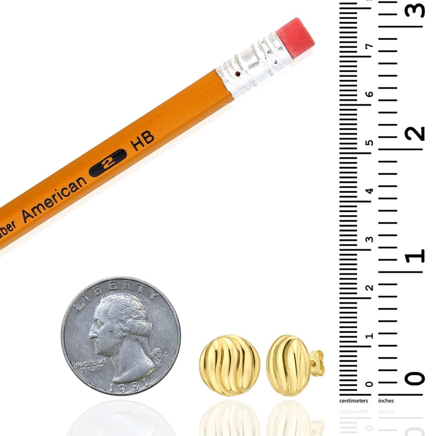 Real 14K Gold Ribbed Swirl Button Dome Stud Push Back Earrings 12.7mm