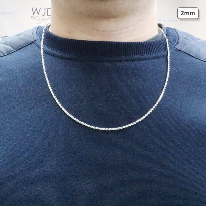 10K White Gold 2mm Diamond-Cut Rope Chain (Solid Links) 16"-26"