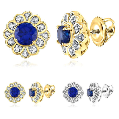Real 10K Gold Yellow White Lab - Grown Blue Sapphire Diamond Floral Stud Earrings - WJD Exclusives