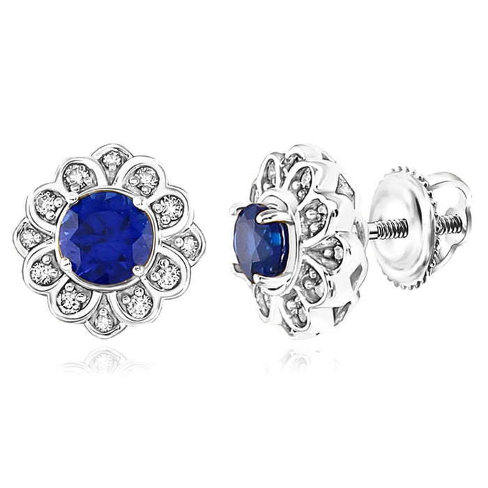 Real 10K Gold Yellow White Lab - Grown Blue Sapphire Diamond Floral Stud Earrings - WJD Exclusives