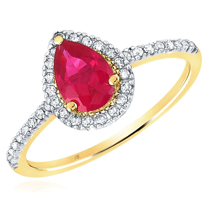 1CT Lab - Grown Pear Red Ruby & 0.15CTW Natural Diamond 10K Yellow Gold Halo Ring - WJD Exclusives