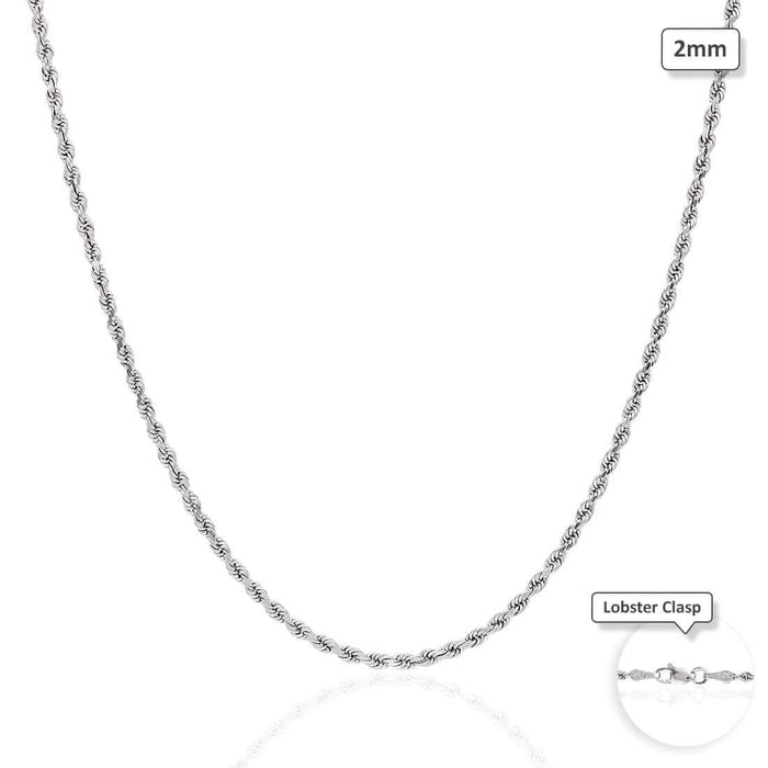 10K White Gold 2mm Diamond-Cut Rope Chain (Solid Links) 16"-26"