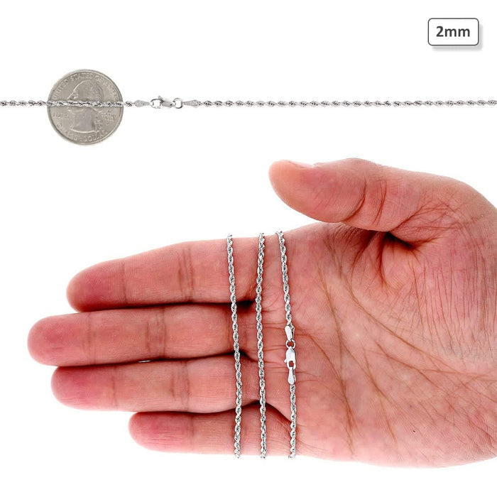 10K White Gold 2mm Diamond-Cut Rope Chain (Solid Links) 16"-26"