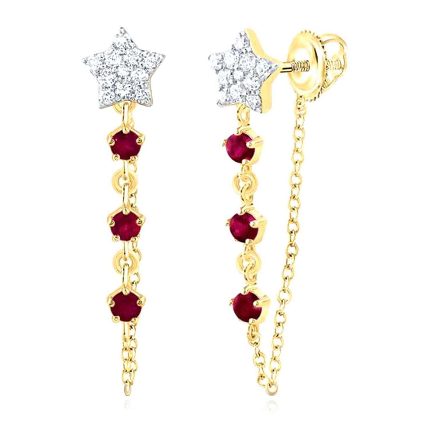 0.40CTW Natural Ruby & Real Diamond 10K Real Gold Star Drop Earrings Screw Back