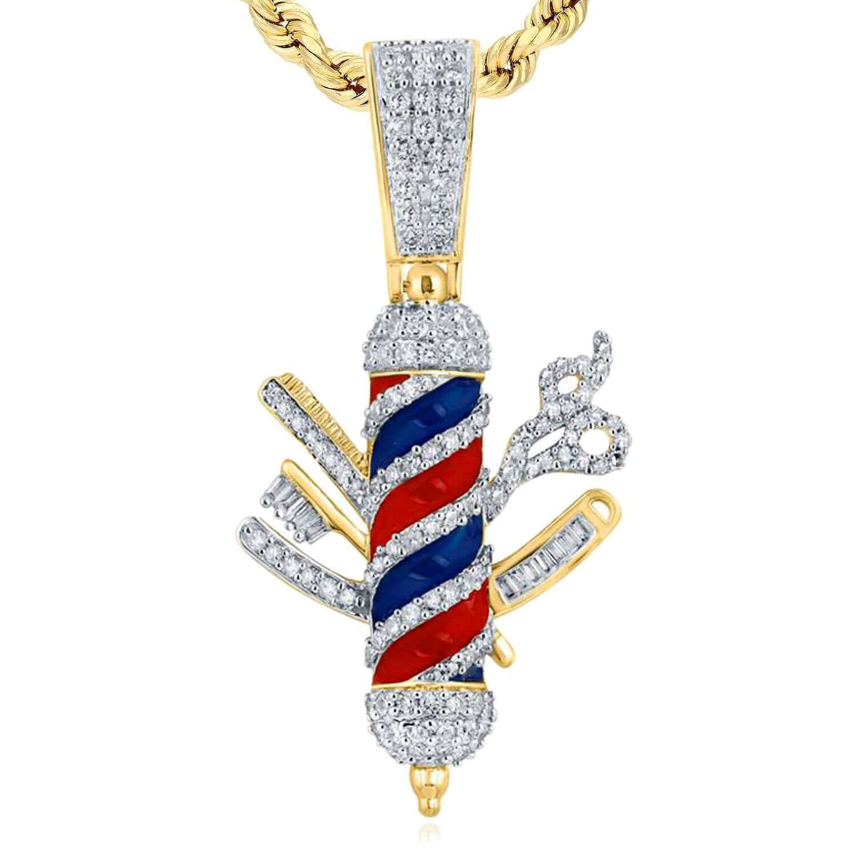 0.87CT Natural Diamond 10K Yellow Gold Enamel Barber Pole Pendant Scissors & Razor - WJD Exclusives