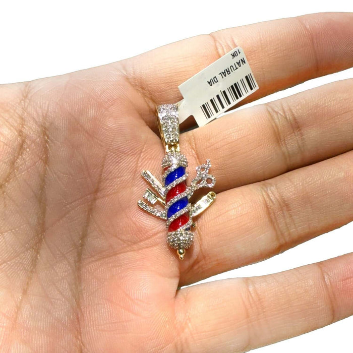 0.87CT Natural Diamond 10K Yellow Gold Enamel Barber Pole Pendant Scissors & Razor - WJD Exclusives