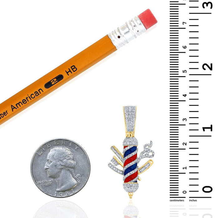 0.87CT Natural Diamond 10K Yellow Gold Enamel Barber Pole Pendant Scissors & Razor - WJD Exclusives