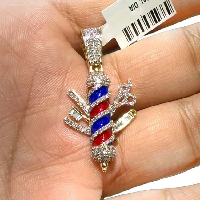 0.87CT Real Diamond 10K Gold Enamel Barber Pole Pendant Scissors & Razor Charm