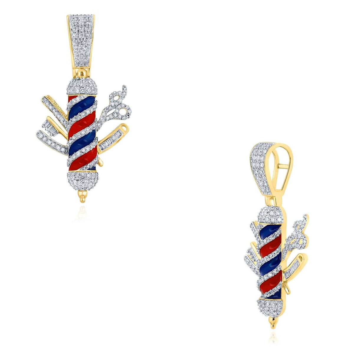 0.87CT Natural Diamond 10K Yellow Gold Enamel Barber Pole Pendant Scissors & Razor - WJD Exclusives