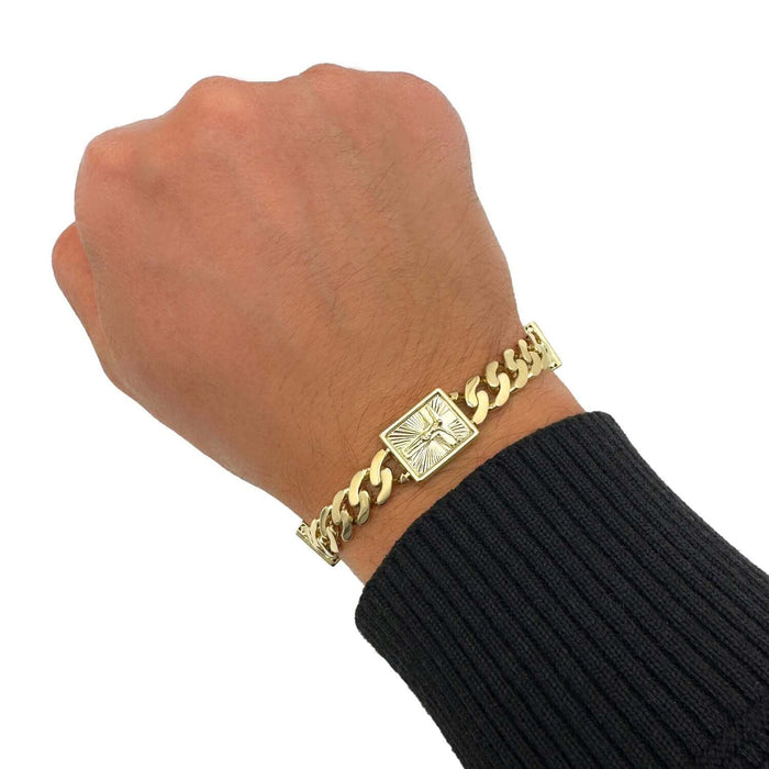 14K Yellow Gold 13mm Miami Cuban Jesus Crucifix Bracelet (Solid Links) 9" - Pavé CZ - WJD Exclusives