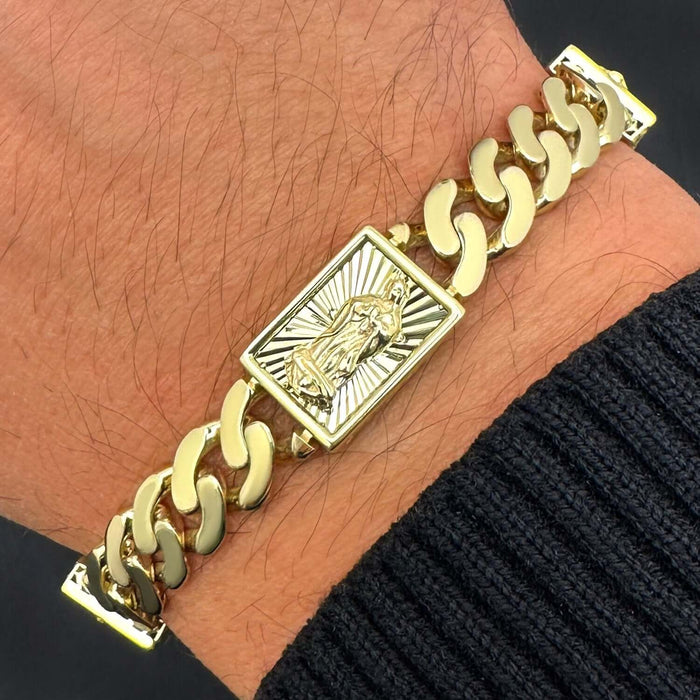 14K Yellow Gold 12mm Miami Cuban Jesus Crucifix Bracelet (Solid Links) 8" - Pavé CZ - WJD Exclusives