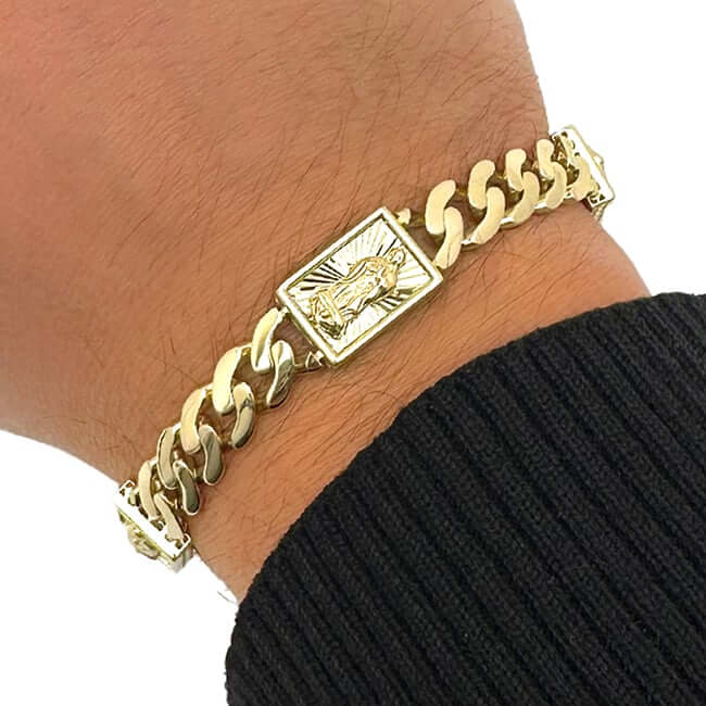 14K Yellow Gold 12mm Miami Cuban Jesus Crucifix Bracelet (Solid Links) 8" - Pavé CZ - WJD Exclusives