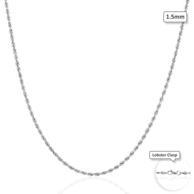 10K White Gold 1.5mm Diamond-Cut Rope Chain (Solid Links) 16"-26"
