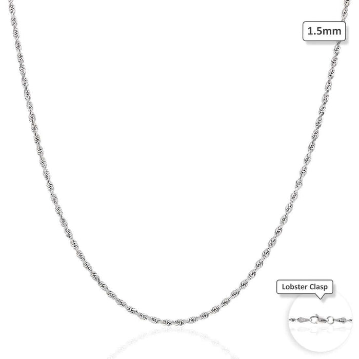 10K White Gold 1.5mm Diamond-Cut Rope Chain (Solid Links) 16"-26"