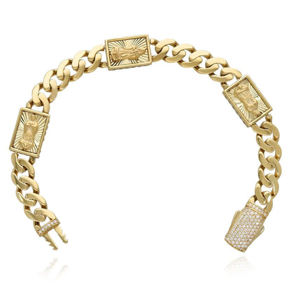 Real 14K Gold 12mm Miami Cuban Jesus Crucifix Bracelet 8" Solid Pavé CZ
