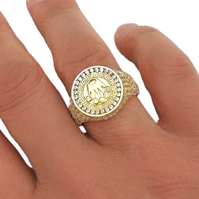 Real 14K Gold Royal Crown Signet Ring 2.30CTW Pavé CZ Greek Key - WJD Exclusives