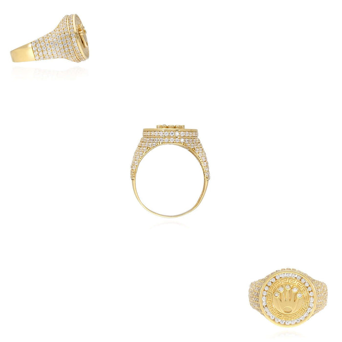 Real 14K Gold Royal Crown Signet Ring 2.30CTW Pavé CZ Greek Key - WJD Exclusives