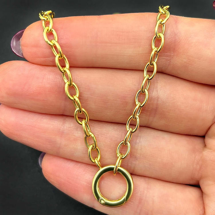 14K Yellow Gold Oval Circle Charm Lock Cable Necklace (Hollow Links) 18" - WJD Exclusives