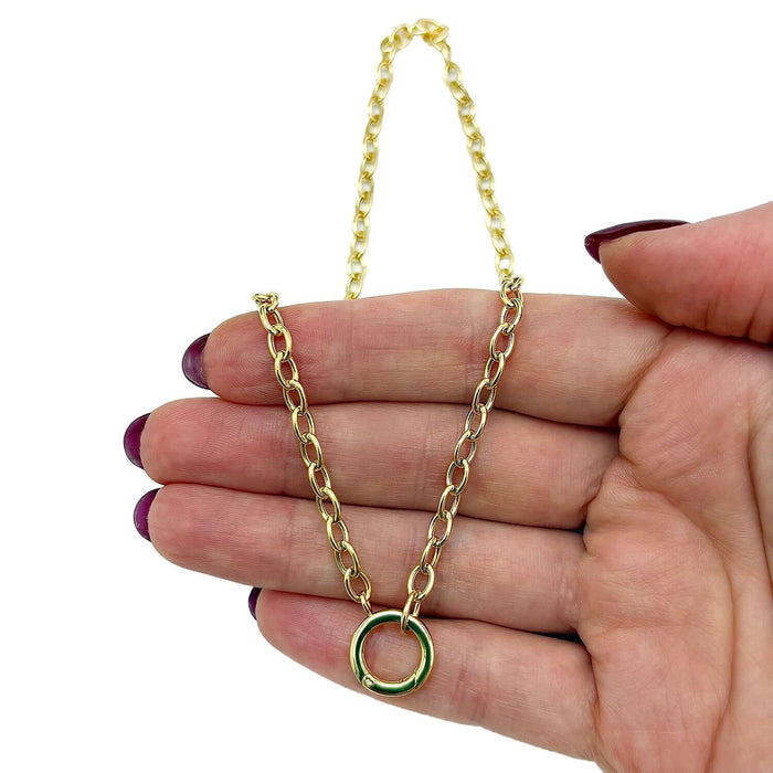 14K Yellow Gold Oval Circle Charm Lock Cable Necklace (Hollow Links) 18" - WJD Exclusives