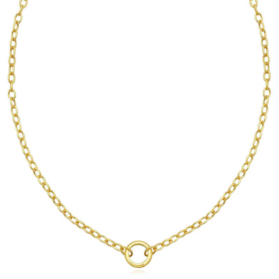 14K Yellow Gold Oval Circle Charm Lock Cable Necklace (Hollow Links) 18" - WJD Exclusives
