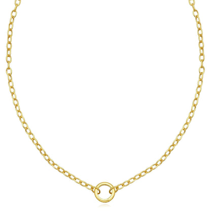 Real 14K Gold 18" Oval Cable Chain Necklace with Circle Charm Lock Pendant