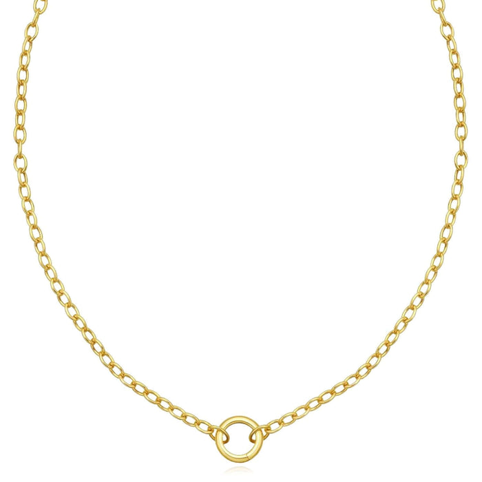 14K Yellow Gold Oval Circle Charm Lock Cable Necklace (Hollow Links) 18" - WJD Exclusives