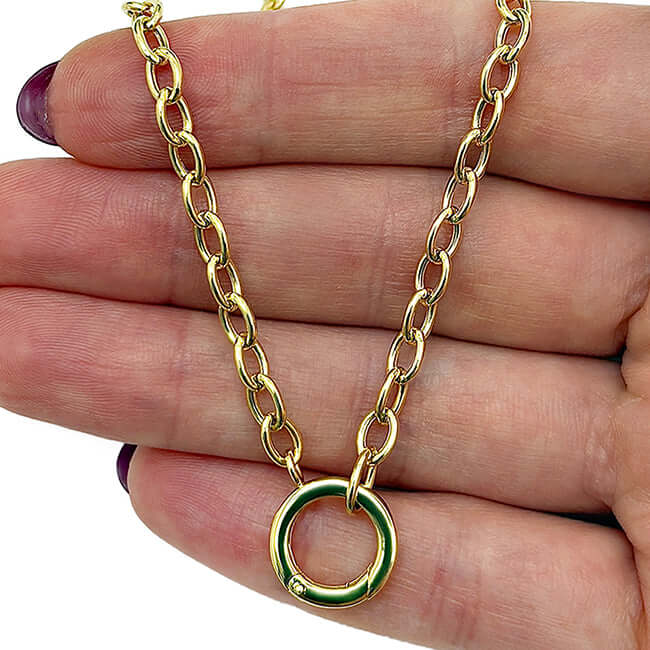 14K Yellow Gold Oval Circle Charm Lock Cable Necklace (Hollow Links) 18" - WJD Exclusives