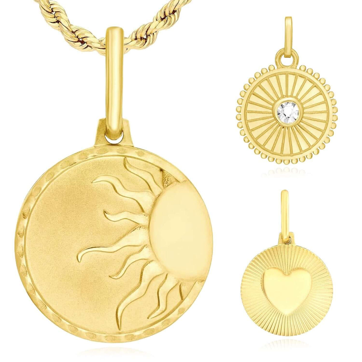 14K Yellow Gold Sun, Heart & Two - Tone Disc Pendant 0.6" – Italian Made - WJD Exclusives
