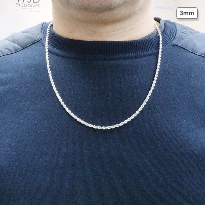 10K White Gold 3mm Diamond-Cut Rope Chain (Solid Links) 16"-26"