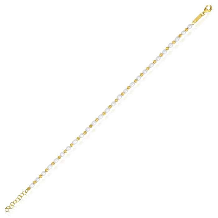 14K Yellow Gold Cultured Pearl Textured Bead Adjustable Bracelet (Solid Links) 7" - 8" Italian Made - WJD Exclusives