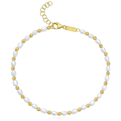 14K Yellow Gold Cultured Pearl Textured Bead Adjustable Bracelet (Solid Links) 7" - 8" Italian Made - WJD Exclusives