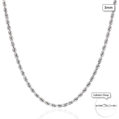 10K White Gold 3mm Diamond-Cut Rope Chain (Solid Links) 16"-26"