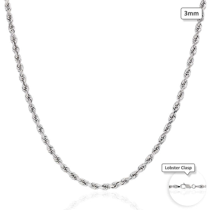 10K White Gold 3mm Diamond-Cut Rope Chain (Solid Links) 16"-26"