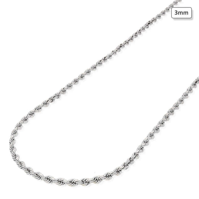 10K White Gold 3mm Diamond-Cut Rope Chain (Solid Links) 16"-26"