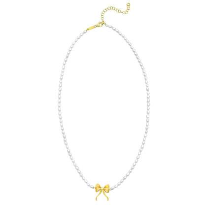 Real 14K Gold & Cultured Pearl Bow Necklace – Adjustable 16"-18", Italian Made