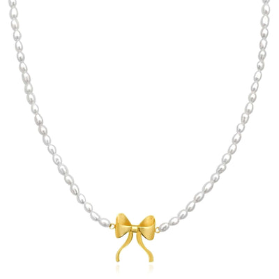 14K Yellow Gold Cultured Pearl Bow Necklace (Solid Links) 16" - 18" Adjustable Italian Made - WJD Exclusives