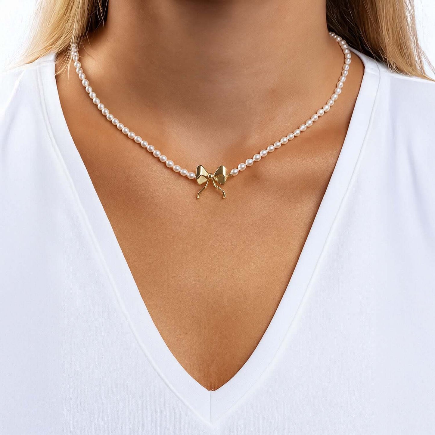 14K Yellow Gold Cultured Pearl Bow Necklace (Solid Links) 16" - 18" Adjustable Italian Made - WJD Exclusives