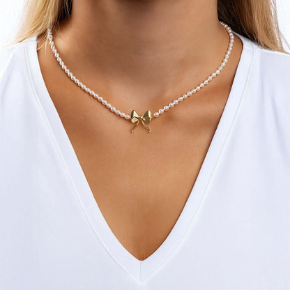 14K Yellow Gold Cultured Pearl Bow Necklace (Solid Links) 16" - 18" Adjustable Italian Made - WJD Exclusives
