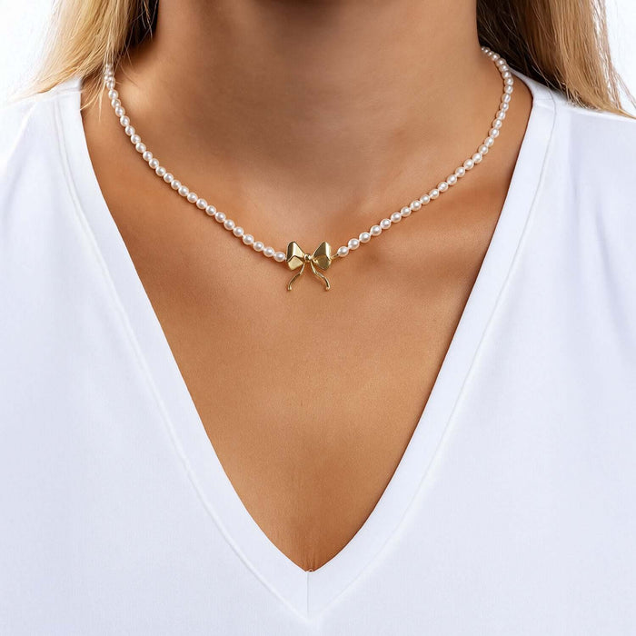 14K Yellow Gold Cultured Pearl Bow Necklace (Solid Links) 16" - 18" Adjustable Italian Made - WJD Exclusives