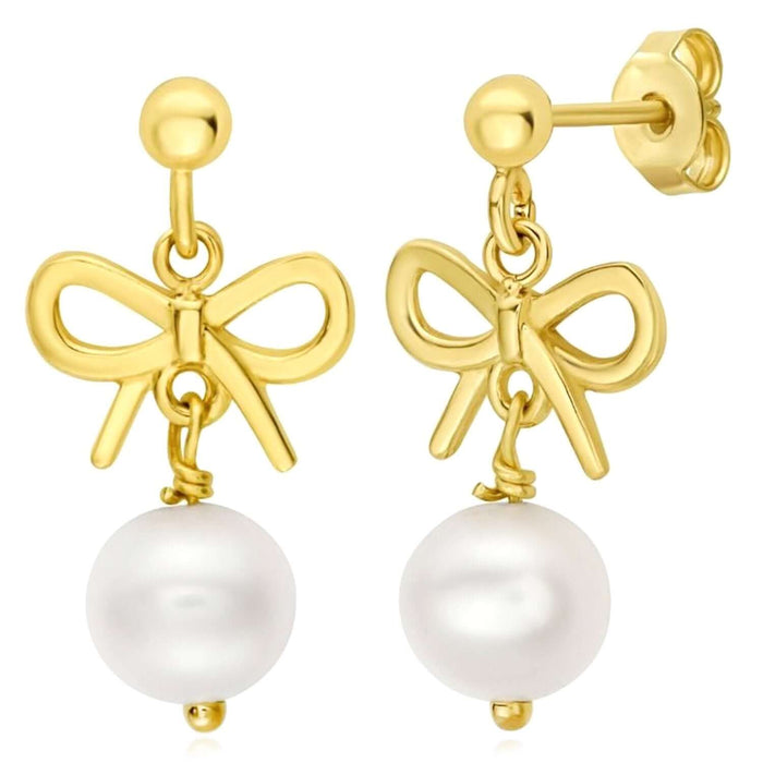 Real 14K Gold Bow & Cultured Pearl Drop Earrings – Italian Made - WJD Exclusives