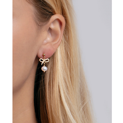 Real 14K Gold Bow & Cultured Pearl Drop Earrings – Italian Made
