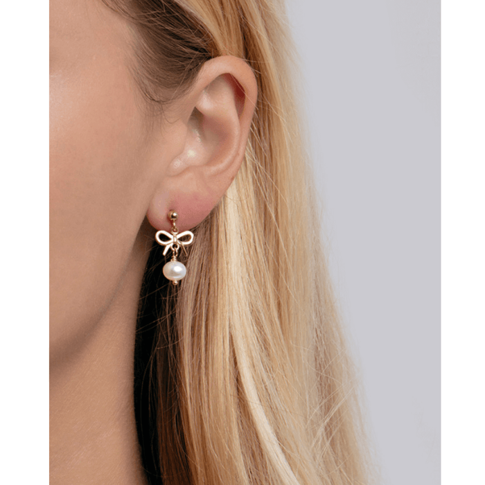 Real 14K Gold Bow & Cultured Pearl Drop Earrings – Italian Made - WJD Exclusives