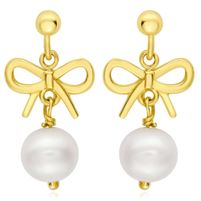 Real 14K Gold Bow & Cultured Pearl Drop Earrings – Italian Made - WJD Exclusives