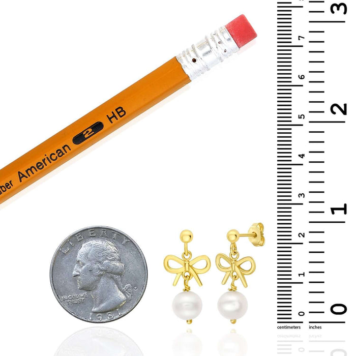 Real 14K Gold Bow & Cultured Pearl Drop Earrings – Italian Made - WJD Exclusives