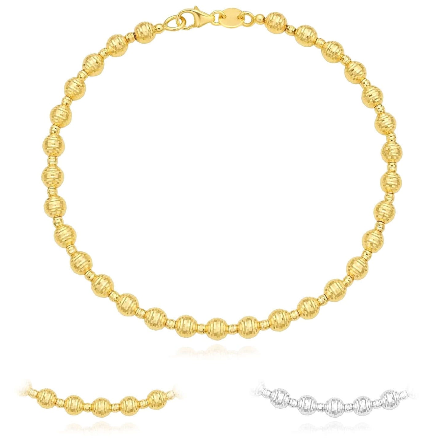 Real 14K Gold Yellow or White 4mm Diamond-Cut Beaded Bracelet 7" – Italian Made