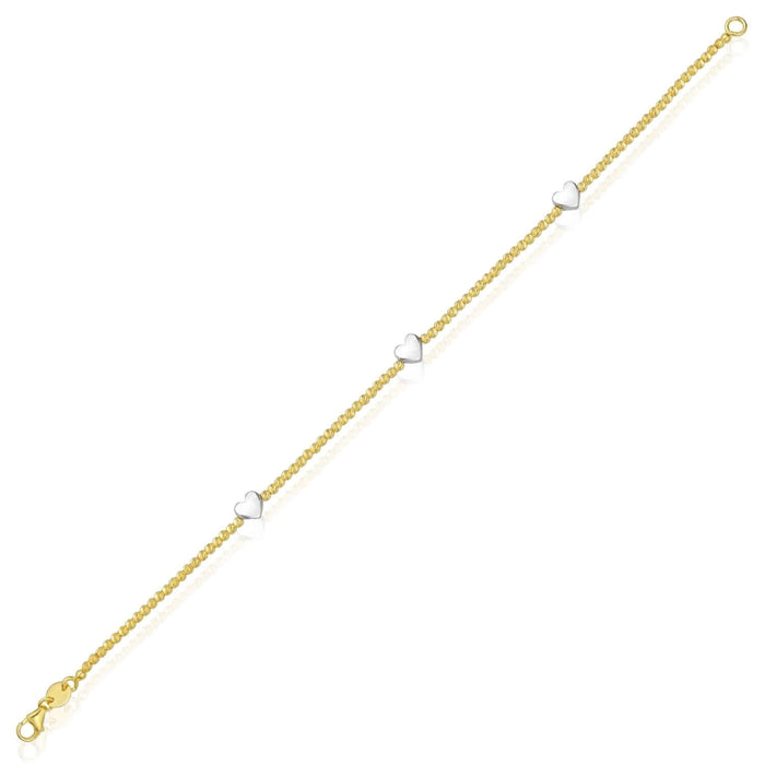 14K Yellow Gold or Two - Tone Beaded Heart Station Bracelet (Solid Links) 7" Italian Made - WJD Exclusives