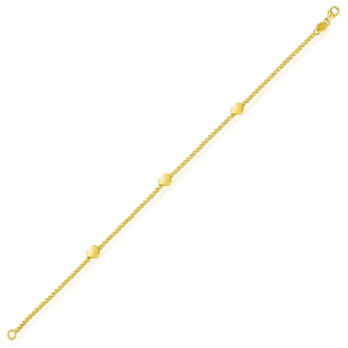 14K Yellow Gold or Two - Tone Beaded Heart Station Bracelet (Solid Links) 7" Italian Made - WJD Exclusives